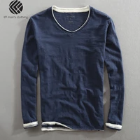 men spring autumn fashion brand china style bamboo cotton fake two pieces v neck long sleeve t shirt male casual thin tee tshirt