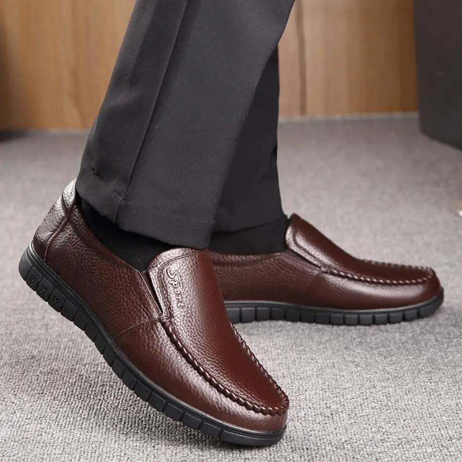 Мужские зимние ботинки из натуральной кожи коричневые брендовые теплые плюшевые