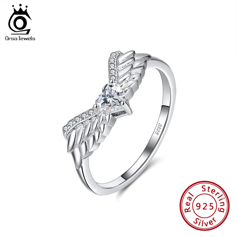 

ORSA JEWELS 925 Sterling Silver Rings Heart Cutting Angel Wing Shape AAAA Zircon Solitaire Ring For Female Anniversary SR226