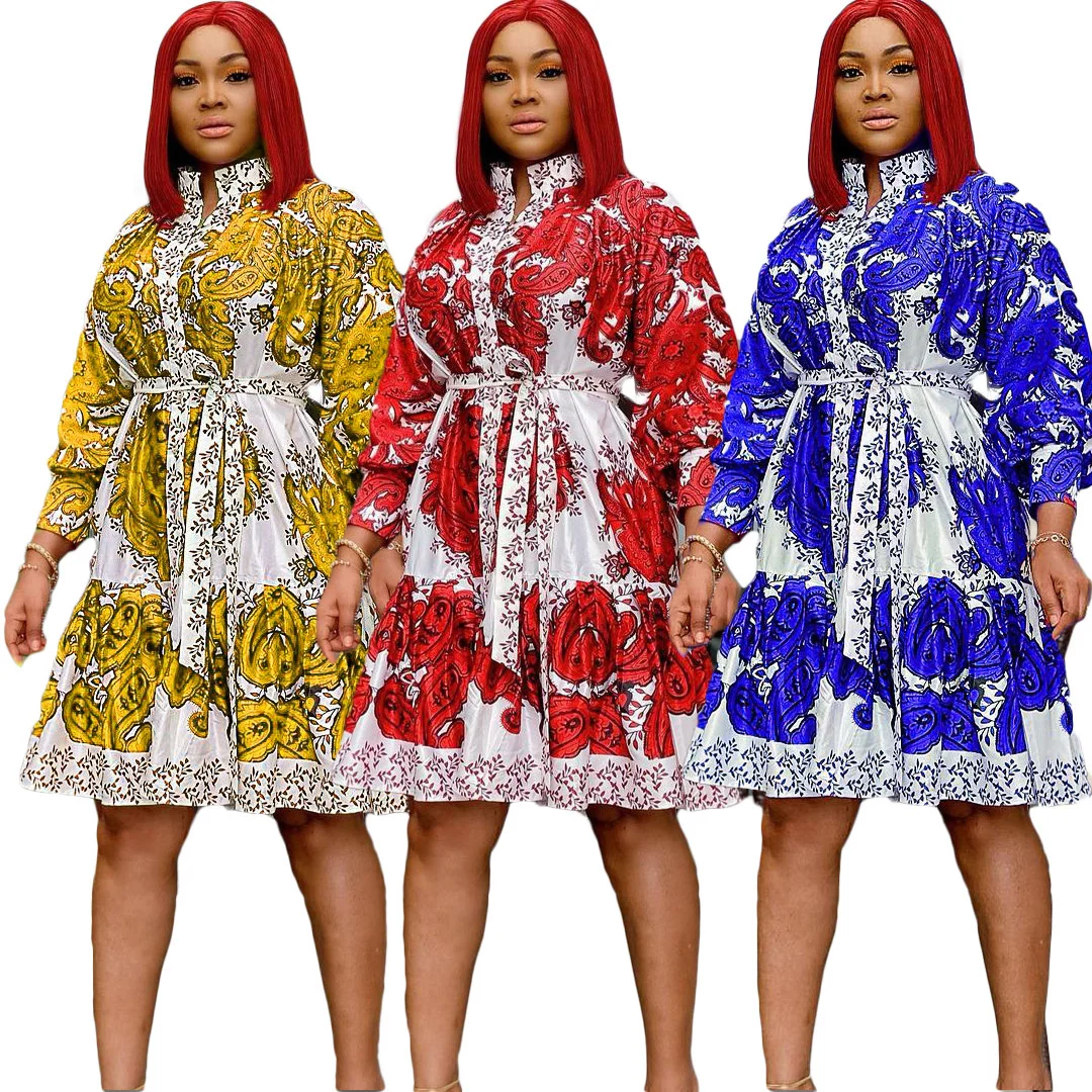 

Floral Print Dresses Spring Autumn Long Sleeve Party Midi Dresses For Women Lace Up Empire Turtleneck Elegant Dresses