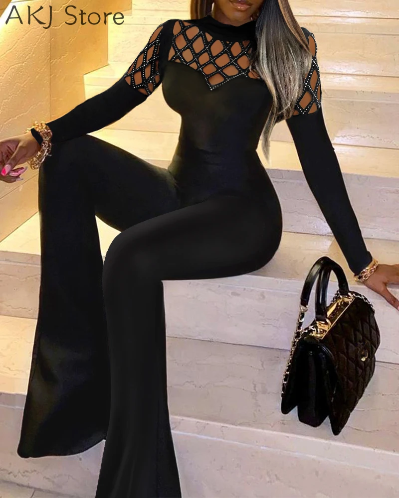 

Women Rhinestone Cut Out Flare Leg Jumpsuit Long Sleeve Patchwork Bodysuit Office Lady Party Clothing