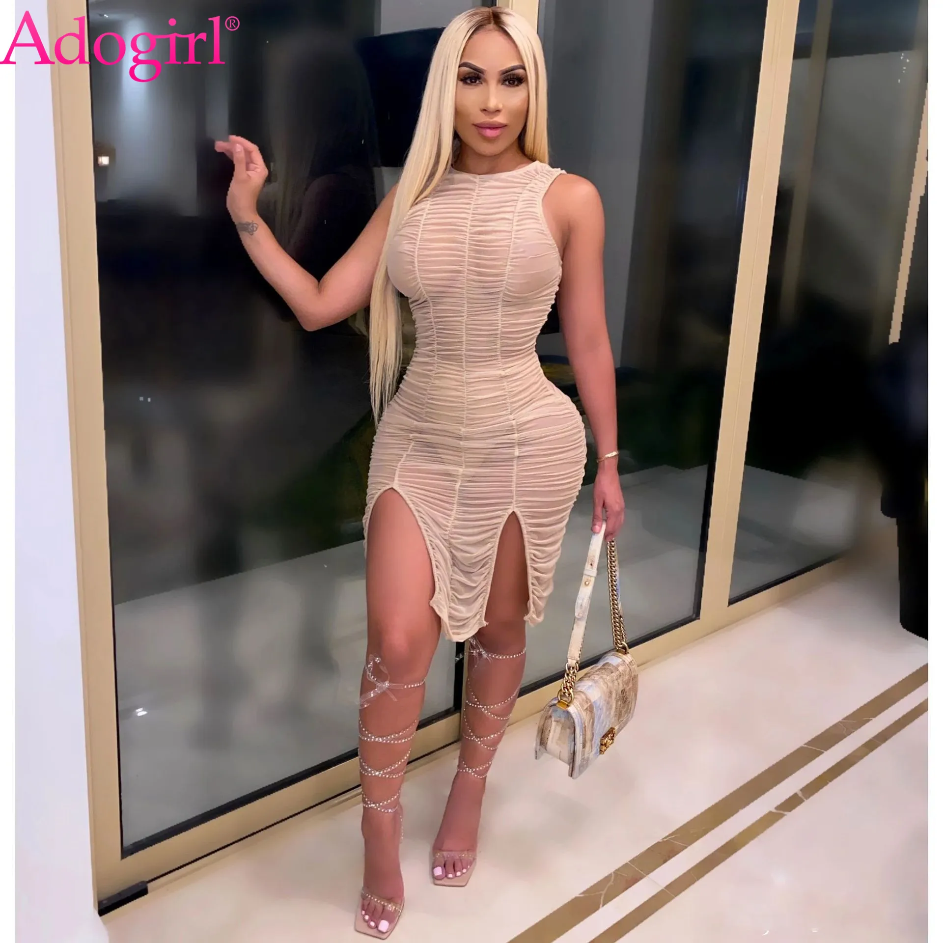 

Adogirl Sexy Sheer Mesh Ruched Split Mini Dress Women Fashion Tank And Long Sleeve Bodycon Vestidos Night Club Pleated Robe