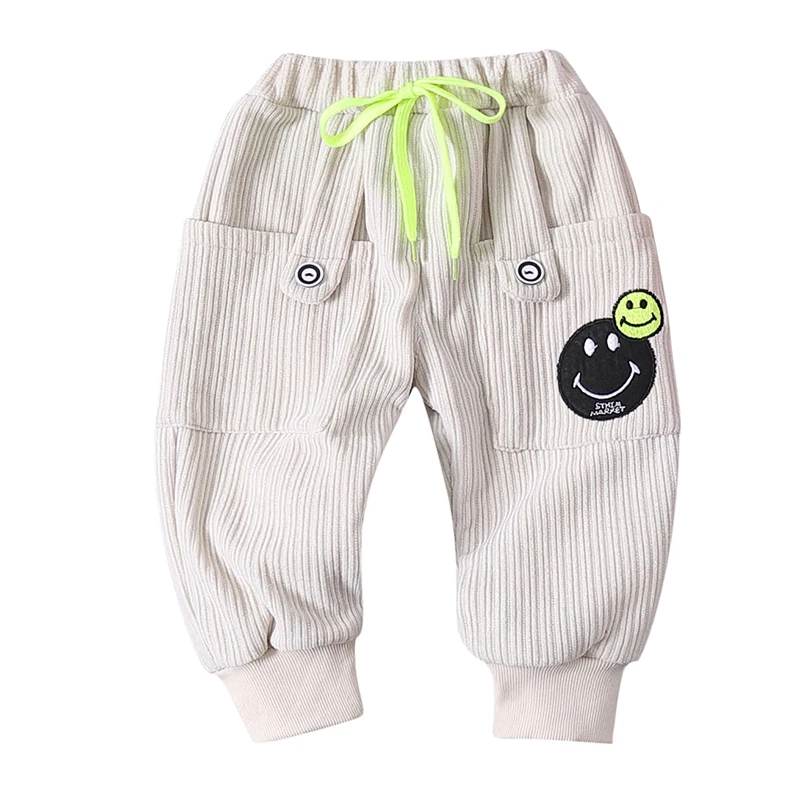 

New Boys and Girls Fashion Winter Smiley Face Plus Velvet Warmth Lace-up Double-button Double-pocket Pants