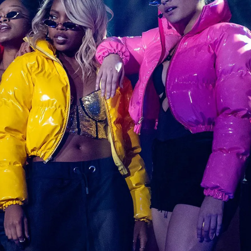 Bubble Coat Puffer Jacket PU Warm Parka Coat Women Casual Fashion Long Sleeve Winter Cropped Bright Shiny Silver cotton Outwears