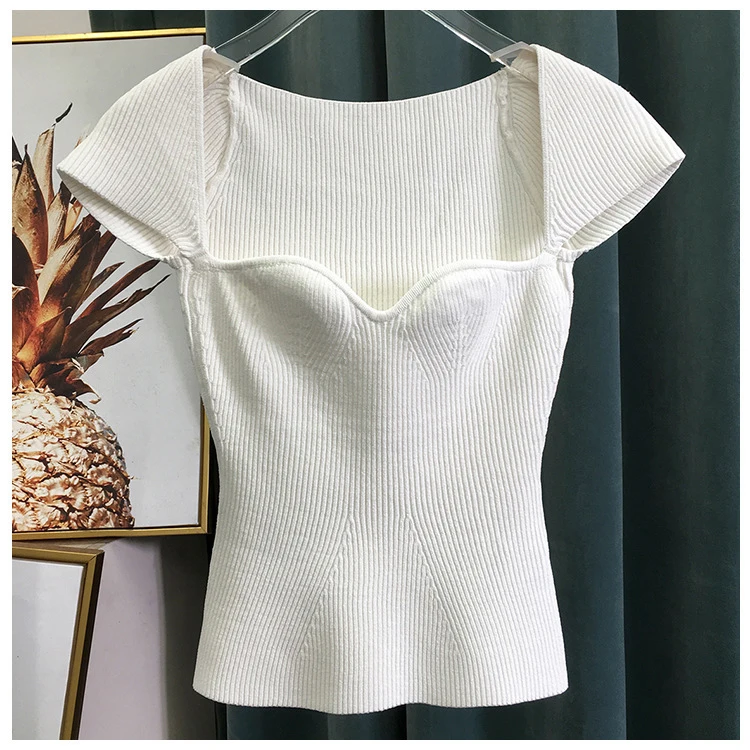 

FAKUNTN 2021 New Women Summer Sexy Square Collar Knitted T Shirts Pure Color Women Short Sleeve Slim T Shirt Tops For Women