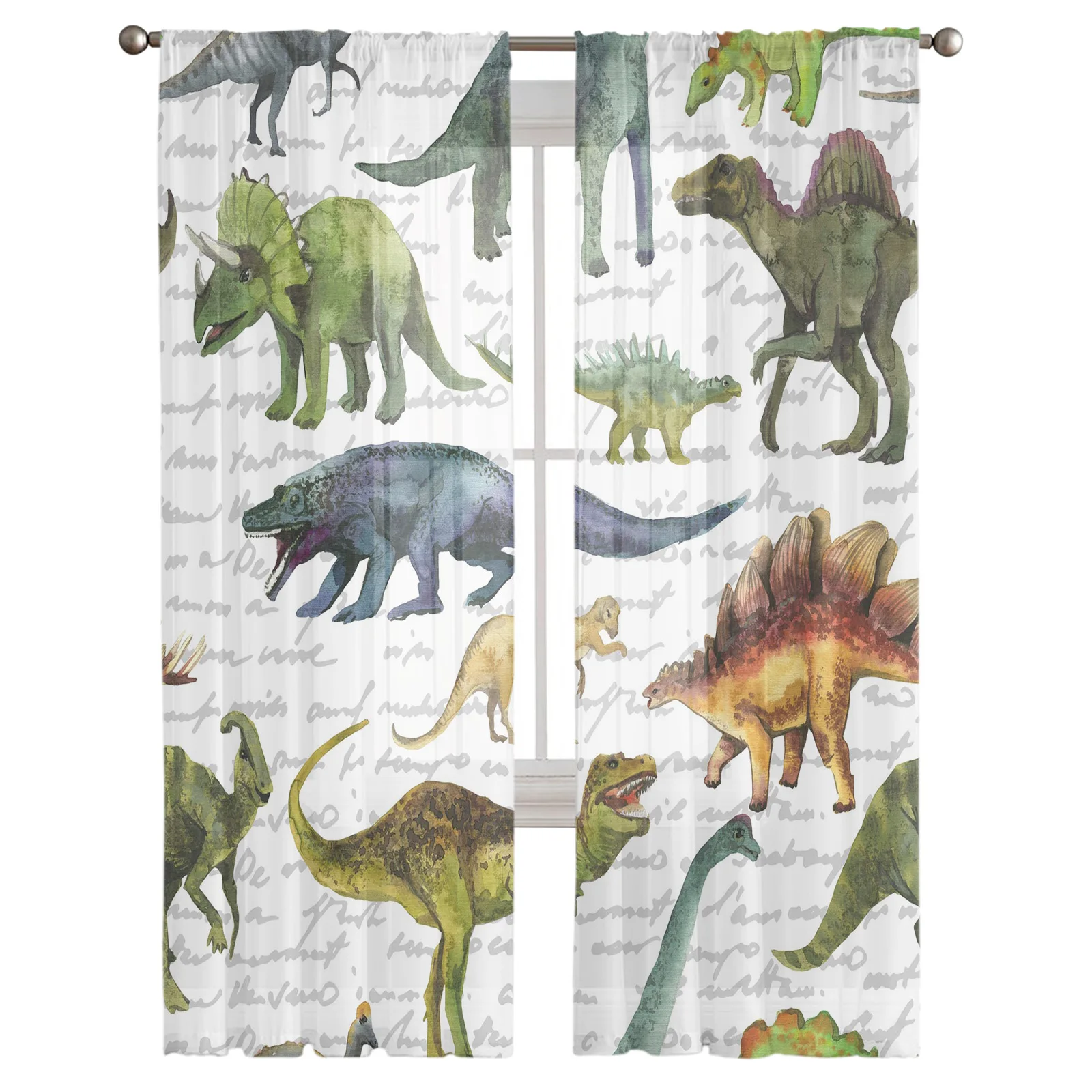 Занавеска с динозаврами животными цветным текстом шифоновая для гостиной
