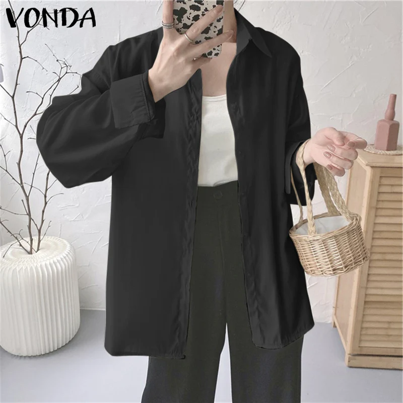 

Autumn Women Shirts VONDA Women Solid Color Pleated Blouse Femme Elegant Casual Lapel Collar Button Up Bohemian Blusas Tops
