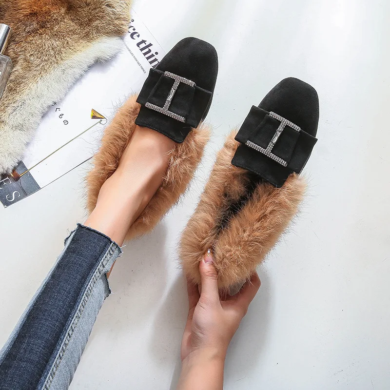 Мюли женские из натурального кроличьего меха туфли на плоской подошве лоферы