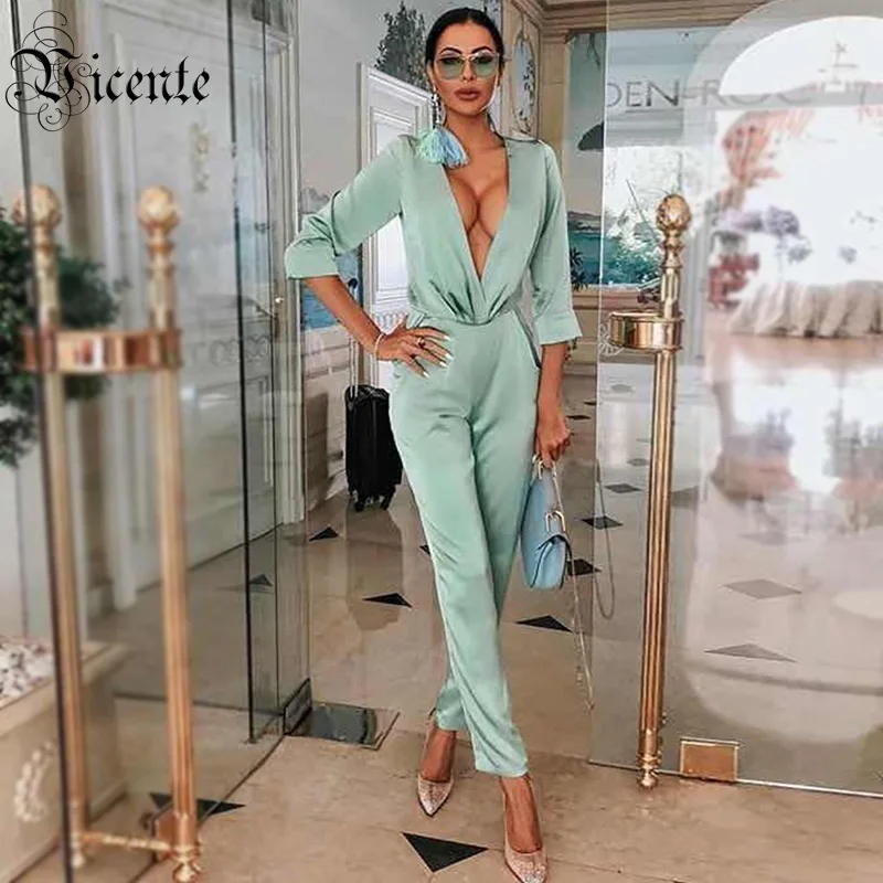 Новинка 2020 шикарные атласные комбинезоны с глубоким v образным вырезом и