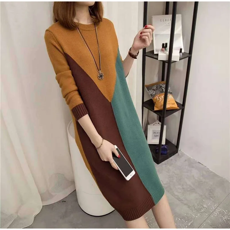 Большие размеры 3XL женское осенне-зимнее трикотажное платье с длинным рукавом в стиле пэчворк платья-свитера женские модные длинные вязаные пуловеры