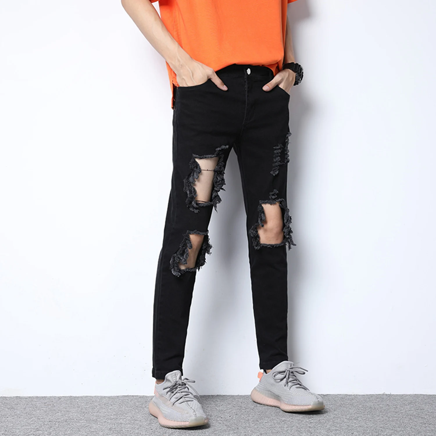 Мужские джинсы с дырками в стиле хип-хоп повседневные Прямые брюки Харадзюку 2019 |