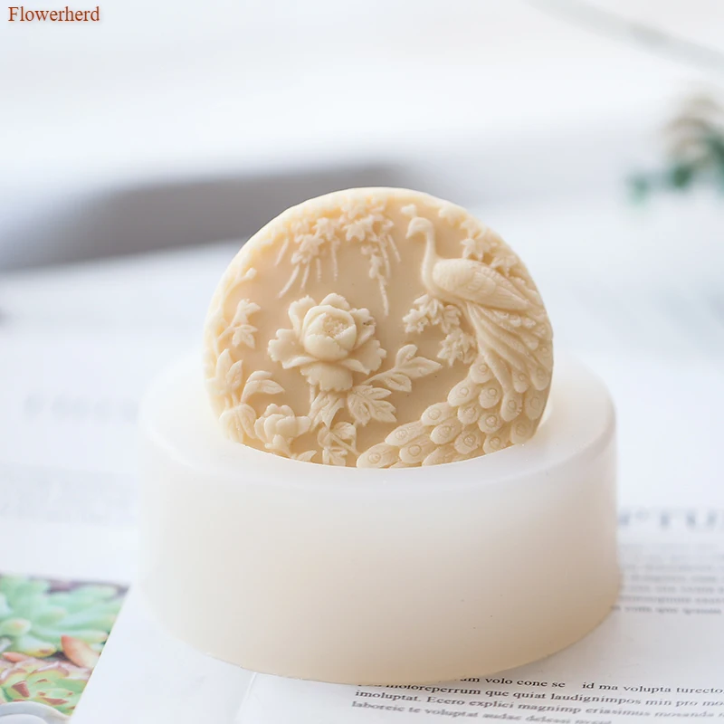 Гибкая силиконовая форма для мыла с рисунком павлина круглая ручной работы