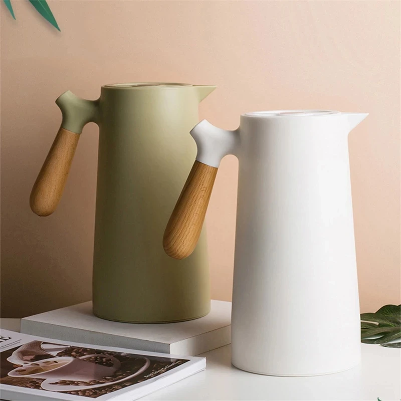 

1L Insulation Water Bottle Solid Wood Handle European Coffee Pot Household Glass Liner Thermos My Bottles