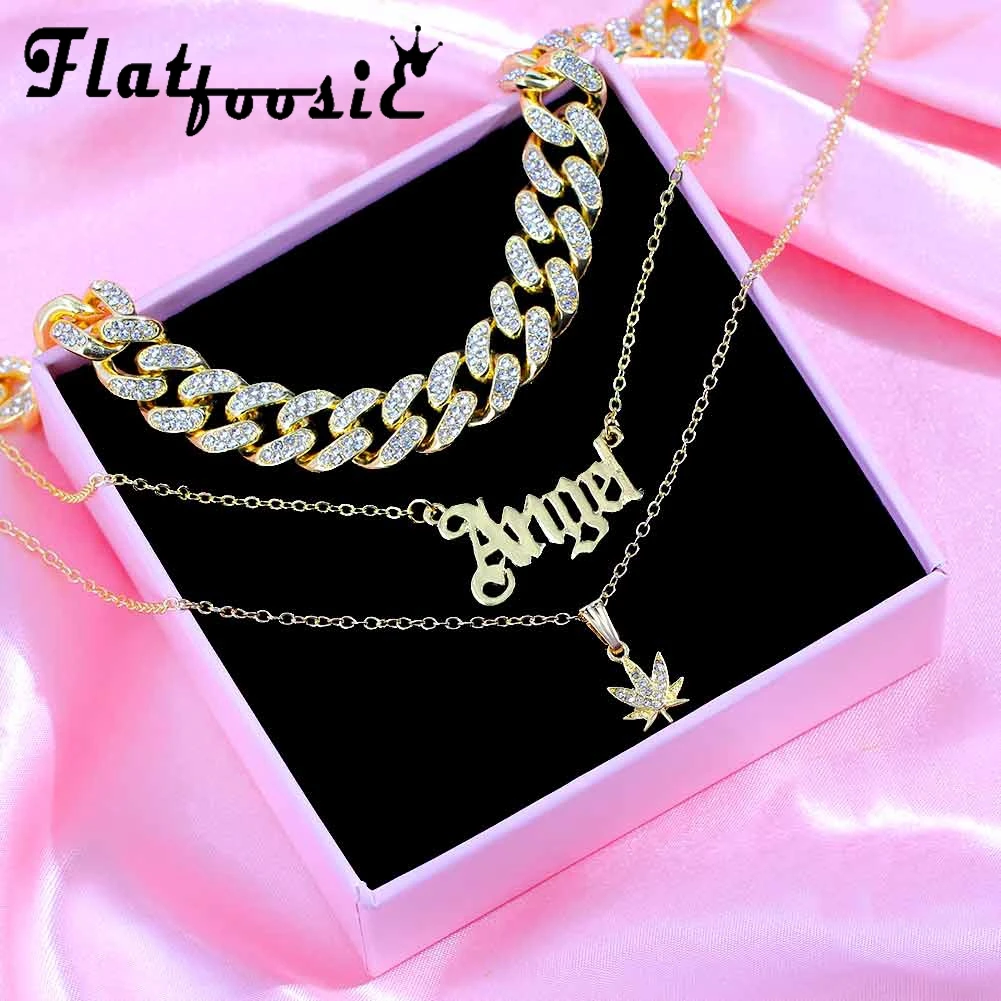 

Flatfoosie Multilayer Angel Letter Crystal Leaf Pendant Necklace for Women Gold Color Cuban Chain Necklace Punk Hip Hop Jewelry