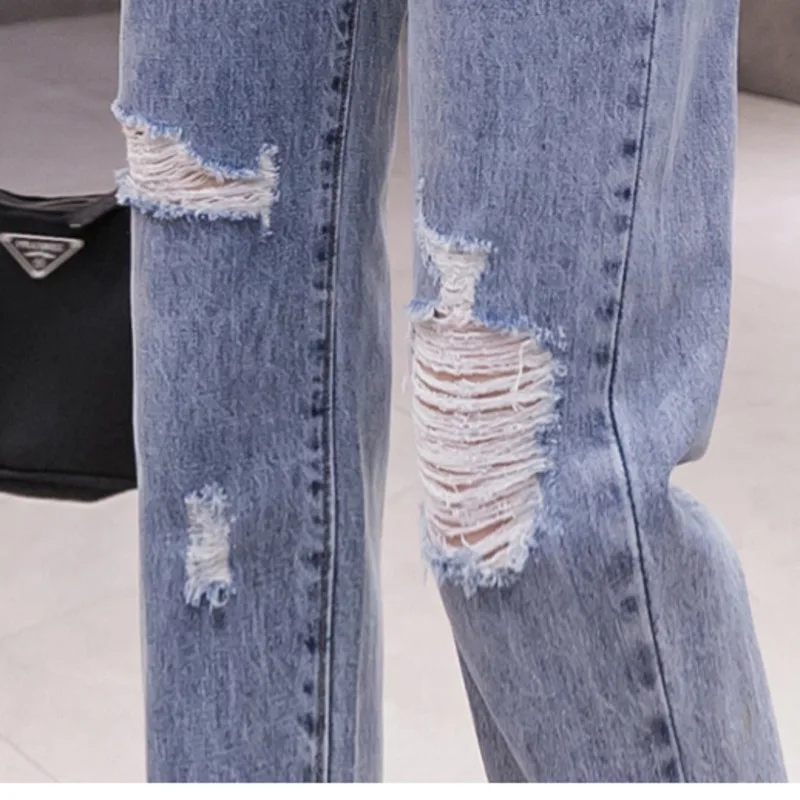 

#2270Summer Distressed Jeans With Holes Ripped Jeans For Women Ankle-length High Waisted Harem Jeans Femme Distressed Denim Blue