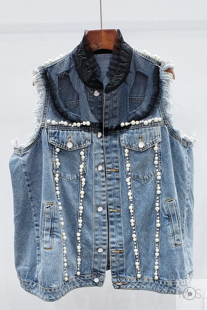 

European Style Fashion Jeans Jacket 2021 Spring New Beaded Elegant Coat Stitching Mesh Loose All-match Denim Vest for Women