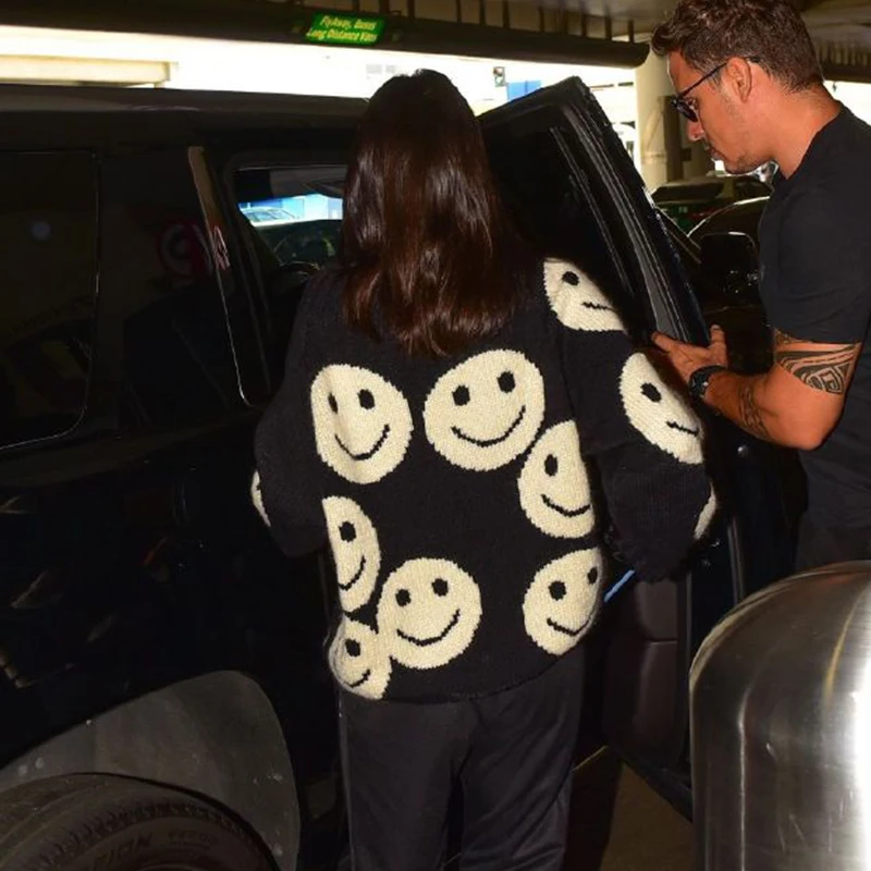 Kendall Jenner Same Style Female Fashion Smile Face Sweater Winter Casual Streetwear Tops Loose Pullover Knit Sweaters Clothes | Женская
