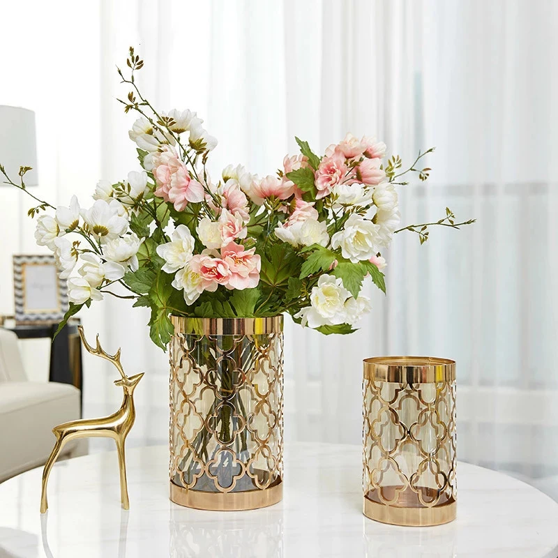

YOOAP Nordic Creative metal Transparent glass vase Golden print Modern home Flower arrangement accessories expensive decoration