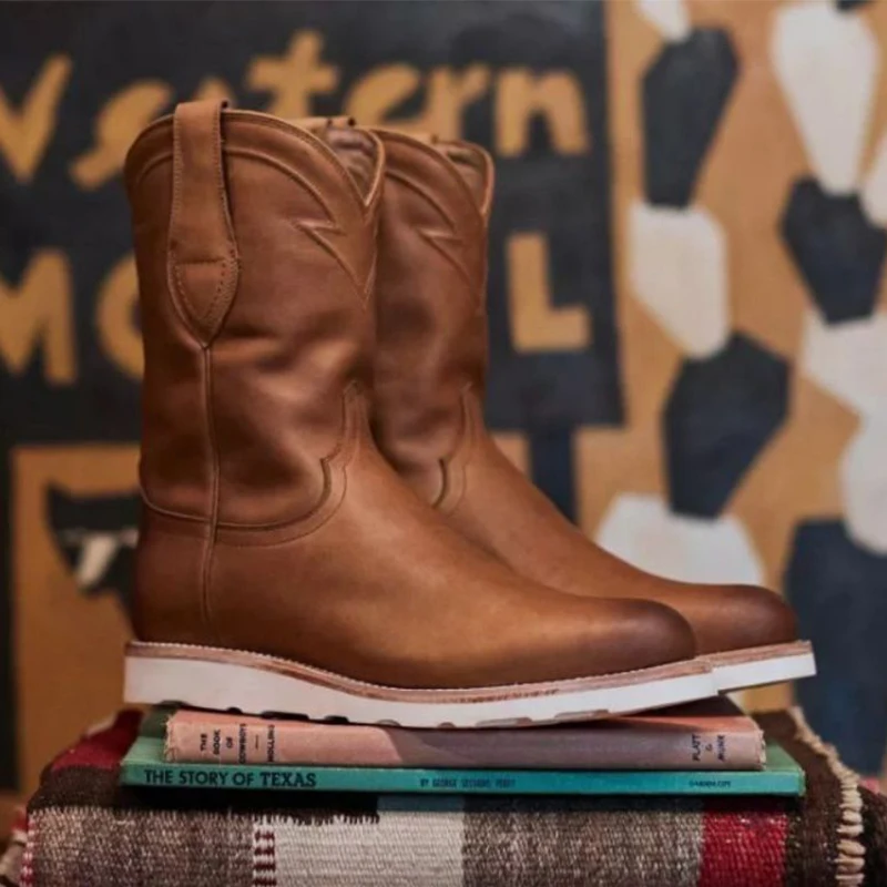 

Autumn Winter Men's Western Boots PU Leather Vintage Solid Color Classic Cowboy Ranch Boots Comfy Male Slip On Shoes