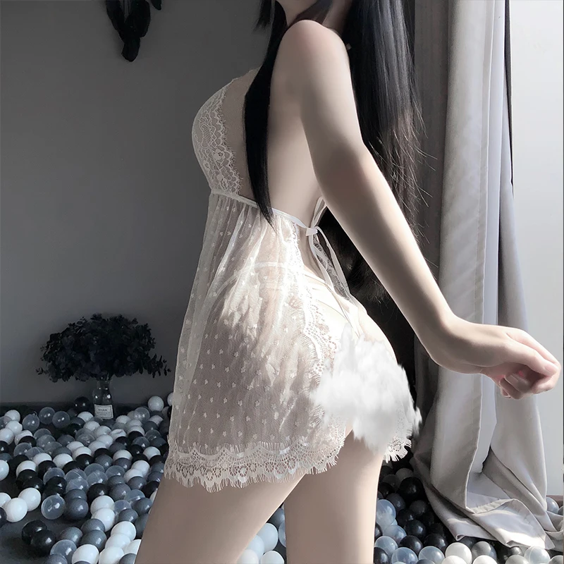 OJBK 2 Colors Sexy Transparent Mesh Lace Wave Point Women's Underwear Halter Backless Split Erotic Lingerie for Sex Plus Size