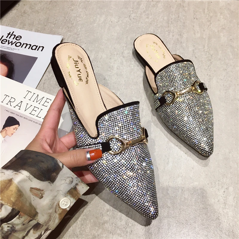 Женские шлепанцы на Плоском Каблуке с острым носком пряжкой и ремешком роскошные