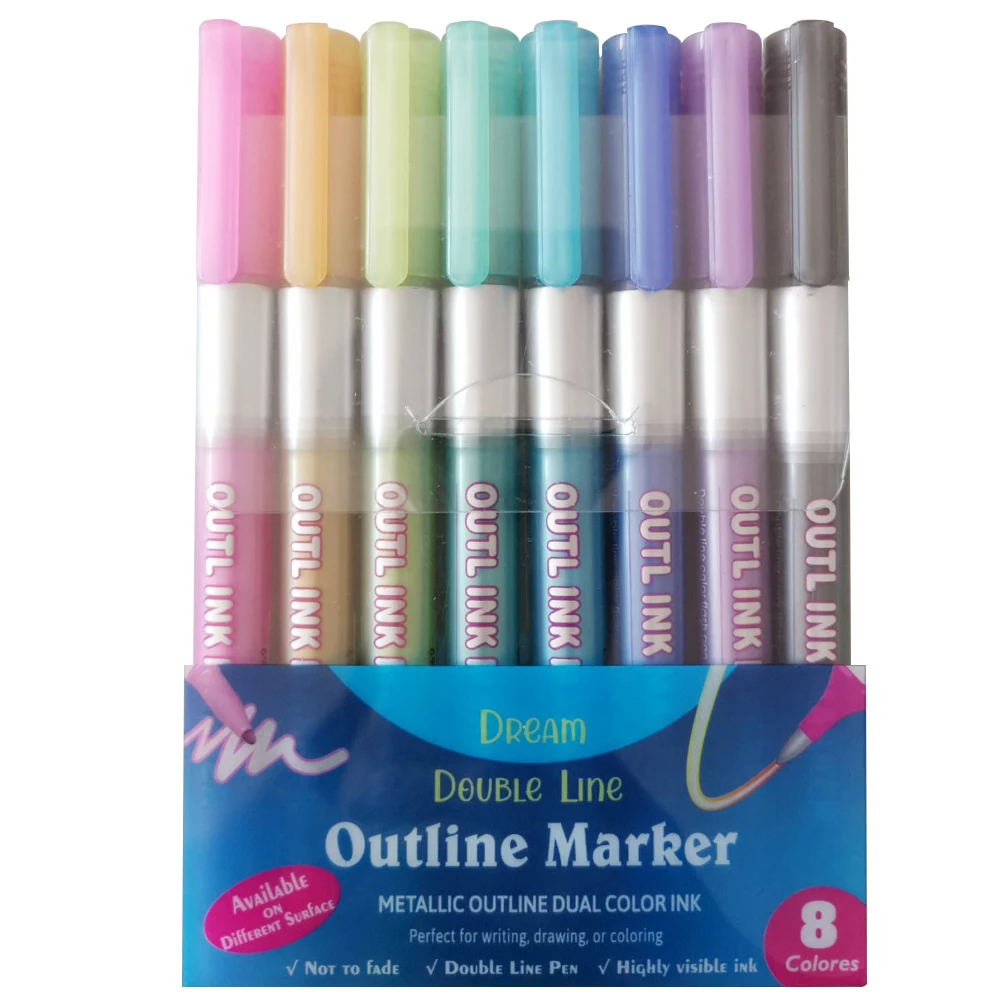 

8pcs/set DIY Dual Color Sketching Coloring Outline Pen Drawing Painting Smooth Marker Double Line Birthday Greeting