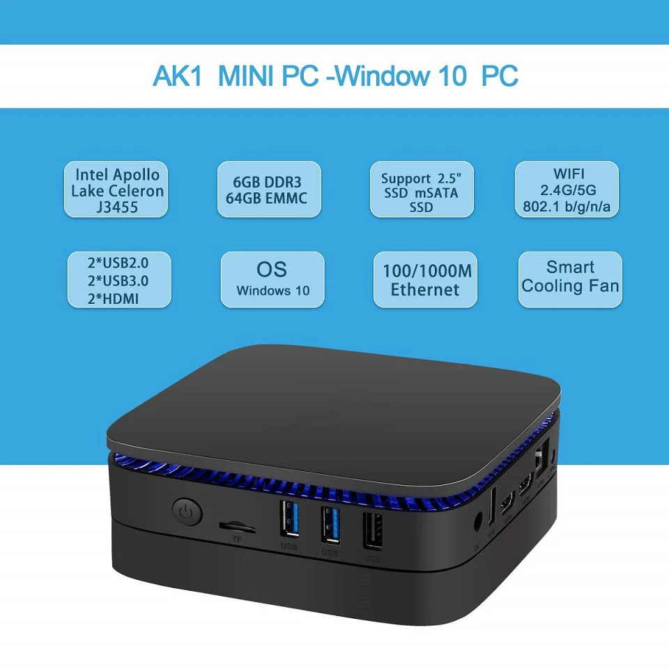 AK1 мини ПК Windows 10 компьютер Intel Celeron J3455 6 ГБ ОЗУ 120 SSD Поддержка 2 5 дюйма SSD/mSATA WiFi 4K linux