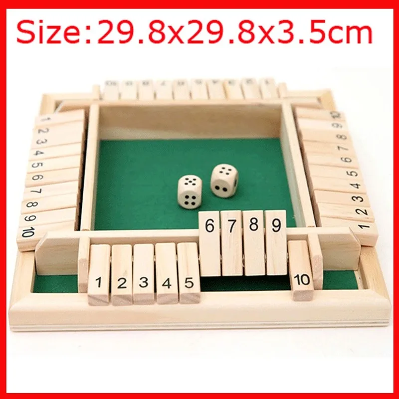 

22x22x3.5cm Shut The Box Dice Board Game 4 Sided 10 Number Wooden Flaps & Dices Game Set for 4 Person Pub Bar Party Supplies