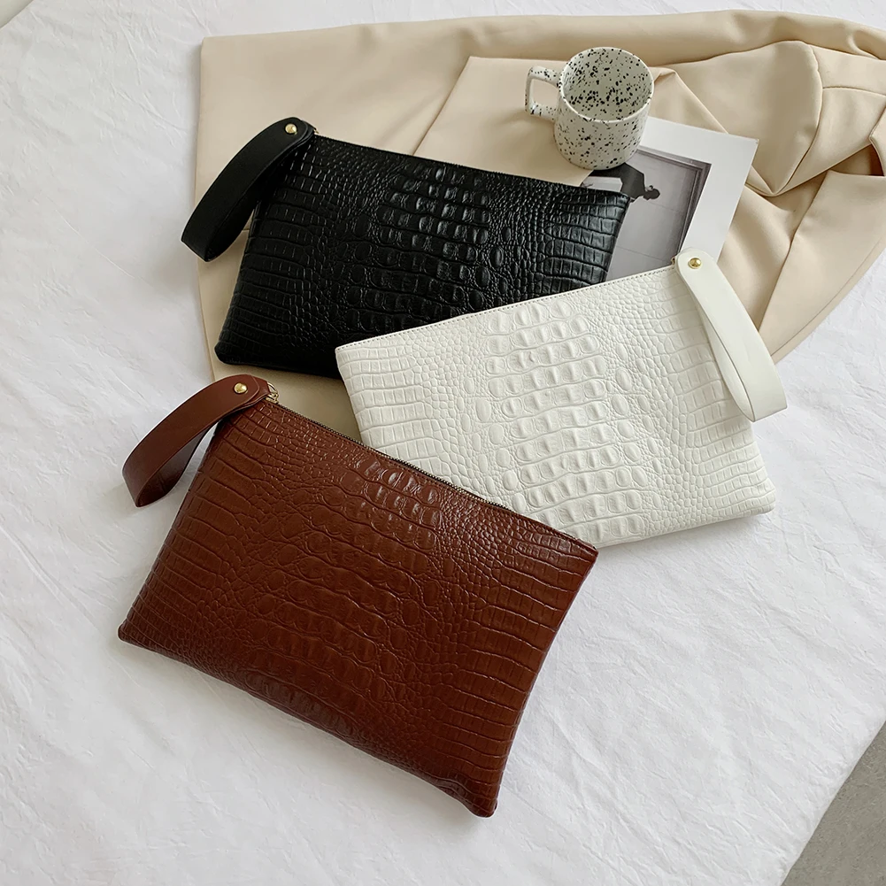 

Fashion Women PU Leather Solid Color Envelope Bag Vintage Alligator Pattern Wristlet Bags Large Capacity Handbags Party Evening