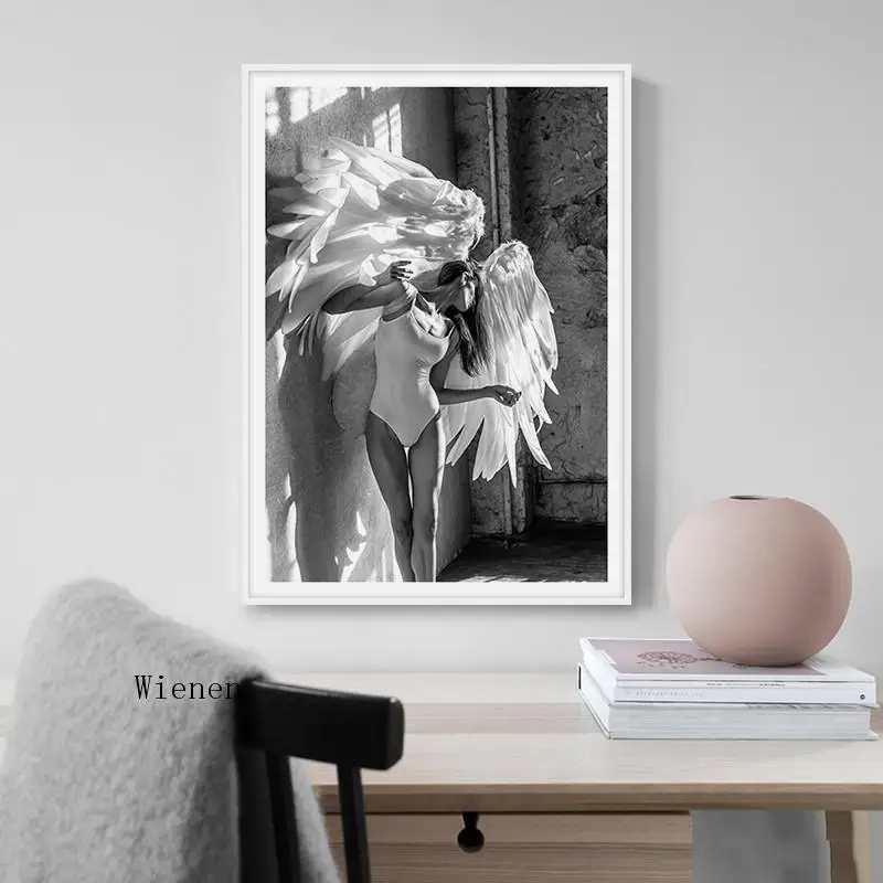 

Angel Wing Girl Poster and Prints Black and White Wall Art Canvas Painting Pictures for Living Room Nordic Home Decoration