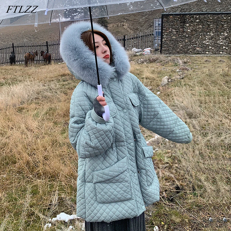 

FTLZZ новый зимний пуховик с натуральным мехом и капюшоном для женщин, 90% белый утиный пух, пальто, толстая парка, свободная теплая зимняя верхн...