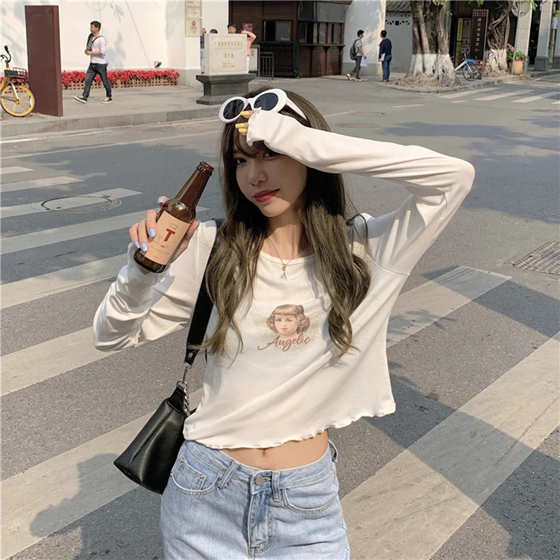 

YTX389 2021 new retro slim slimming print short white wavy edge long-sleeved T-shirt