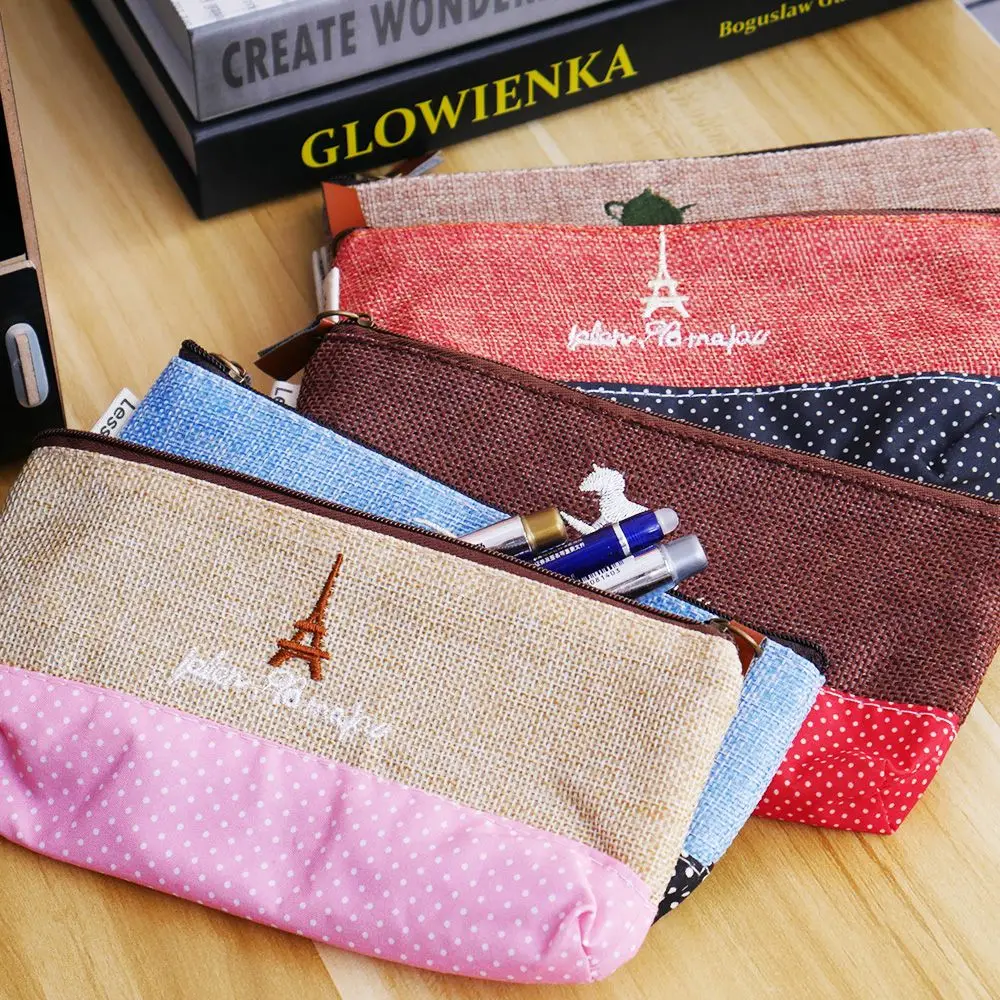 

Cute Tower Pattern Canvas Pen Pencil Bag Zipper Coin Case Pouch Mini Cosmetic Makeup Pencil case Student School Office Supplies