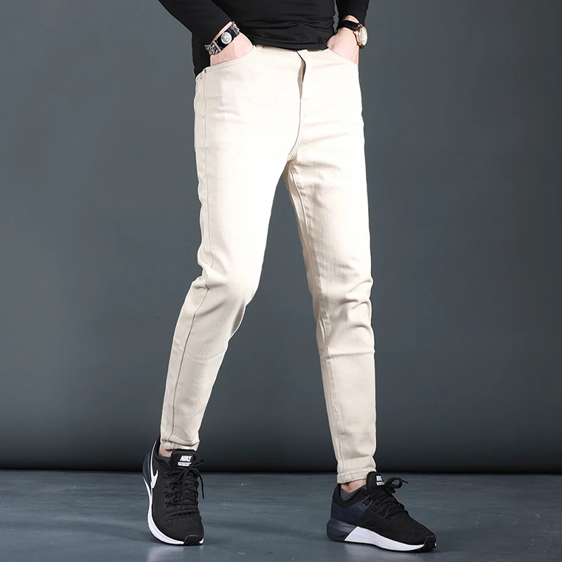 

Autumn New Men's Beige Stretch Jeans Casual Slim Fit Pencil Pants Korean Style Cotton Denim Trousers