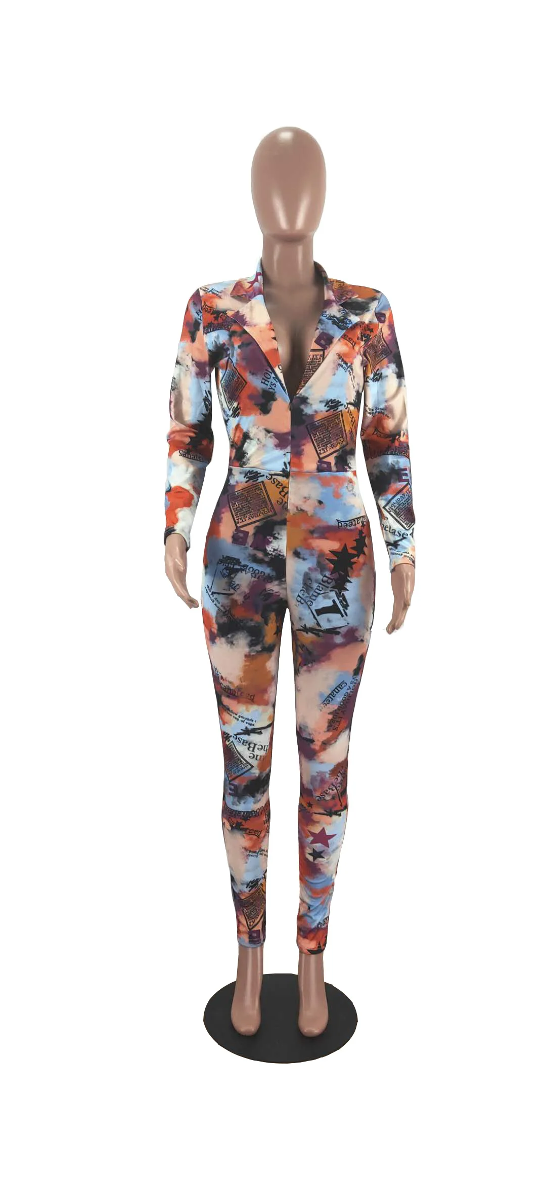 

2021 Hottest Women Jumpsuit Skinny Chic Print Long Sleeves Turn Down Neck Slimming Waist Summer High Strength Bodycon Rompers