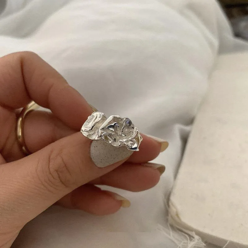 

Fashionable Folded Opening Irregular Wide Ring Europe Handmade Silver Color Irregular Rock Open Wide Ring For Women New