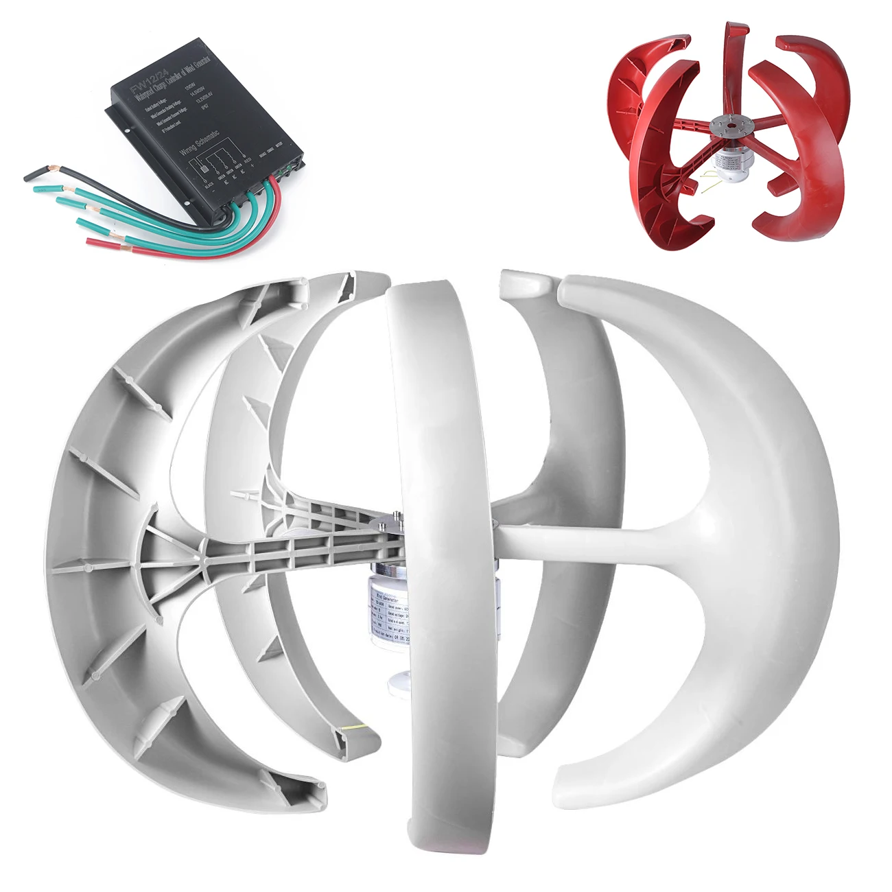 

Wind Turbine 600W 24V Wind Turbine Generator Lantern Vertical Axis Wind Generator 5 Leaves with Controller Motor Kit White Red