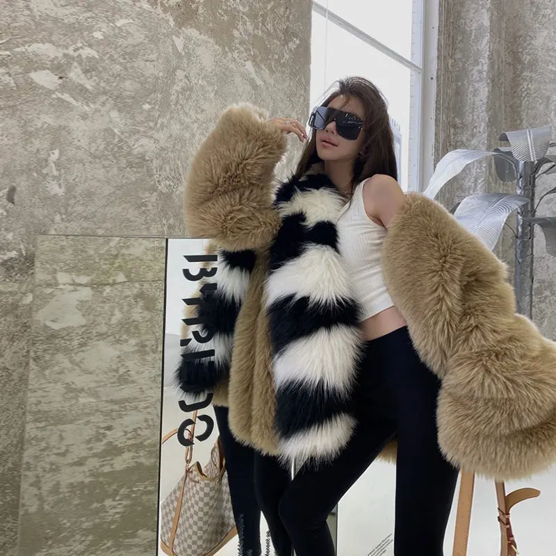 

2021 Winter Women's Fashion Fried Street Jacket Faux Fur Outwear Stitching Warm Ladies Clothing Mid-Length Faux Fox Fur Coat