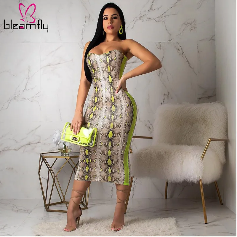 Неоновое желтое Сетчатое платье со змеиным принтом без бретелек облегающее