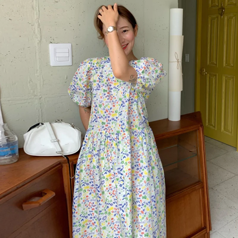 

Korean Vintage Lantern Sleeve Floral Print Vestido Party Clothing Women Dress Summer Loose Single Breasted Beach Dresses Female