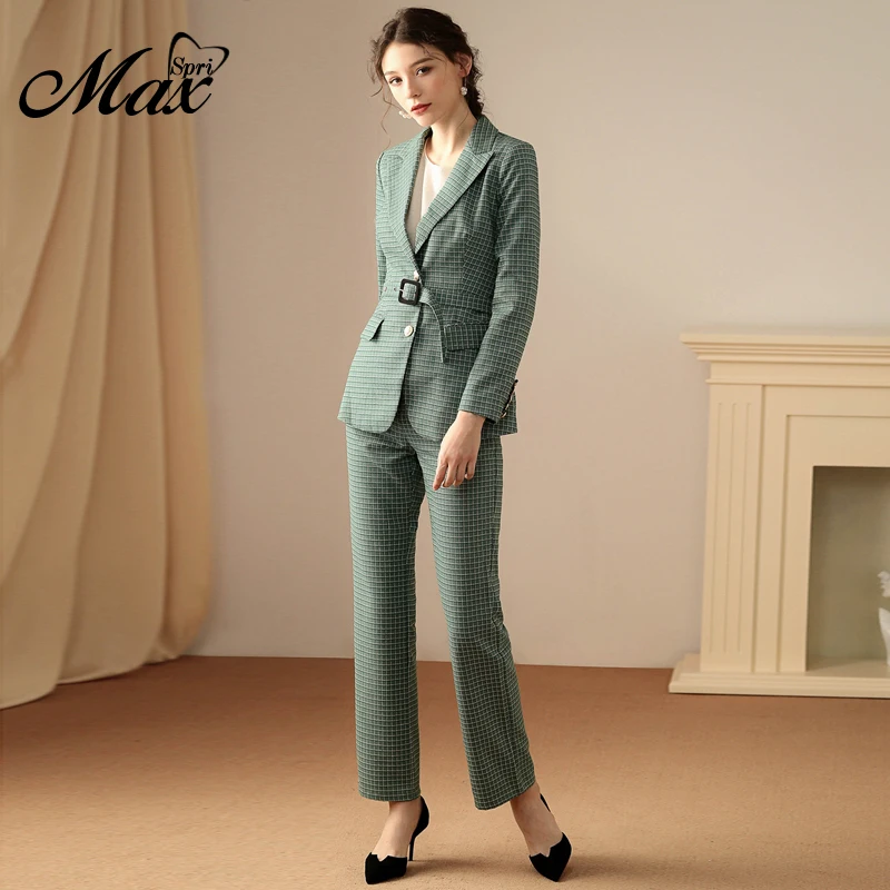 Женский деловой костюм Max Spri блейзер в клетку с v-образным вырезом и поясом