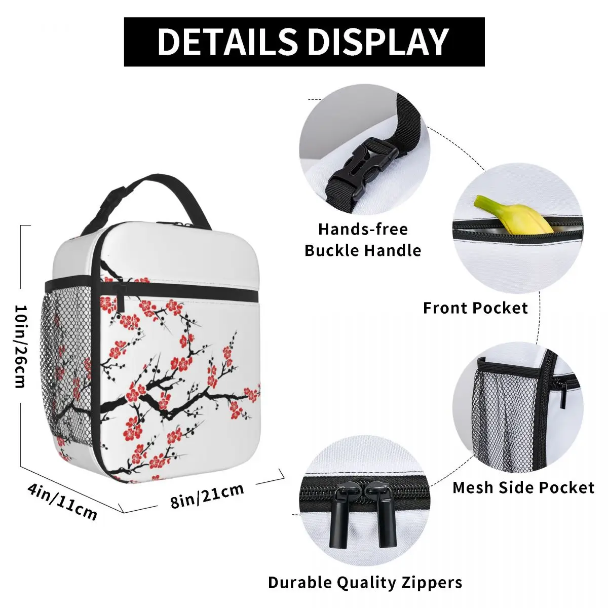 

Red Plum Tree Lunch Bag for Women Men Large Insulated Lunch Box with Water Bottle Holder and Pockets
