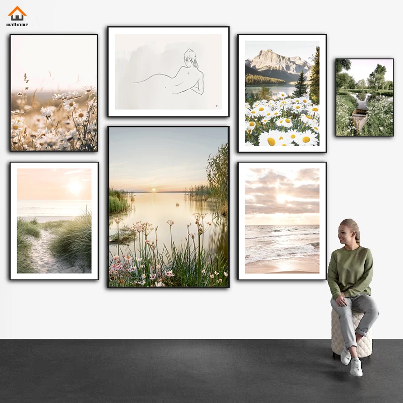 

Chrysanthemum Flower Mountain Ferry Landscape Abstract Line Art Poster Scandinavian Canvas Painting Wall Art Pictures Home Decor