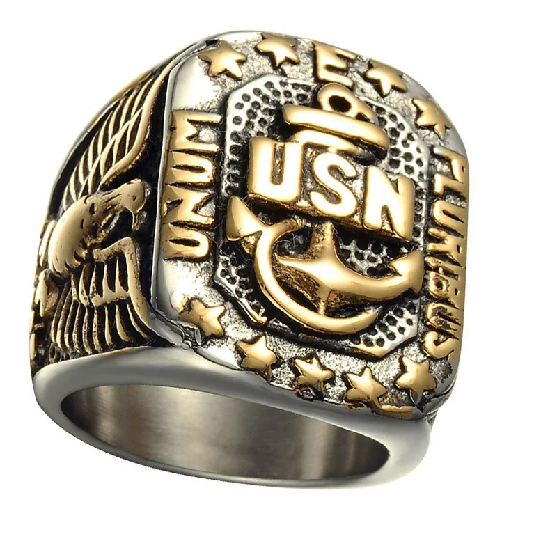 

Fashion Men's Alloy Gold Plated Eagle Anchor Star United States Lettering USN Navy Military US Army Marine Biker Ring