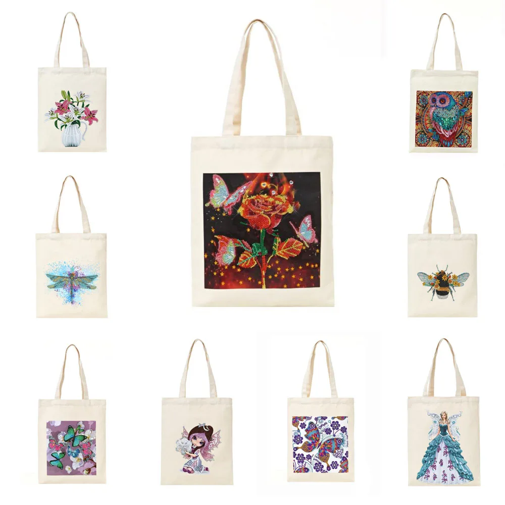 

Cotton Canvas Tote Bag with Diamonds 5D DIY Diamond Painting Reusable Grocery Bags Durable Bags Rhinestone Diamond Art Handbag