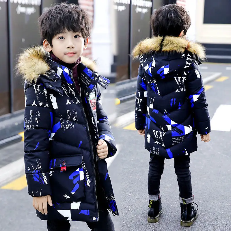 Зимнее пальто для мальчиков Детский пуховик теплое с капюшоном и меховым