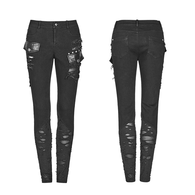 Punk Women Trousers Black Long Pants Holes Patchwork Pencil Pants Fashion Women Clothes