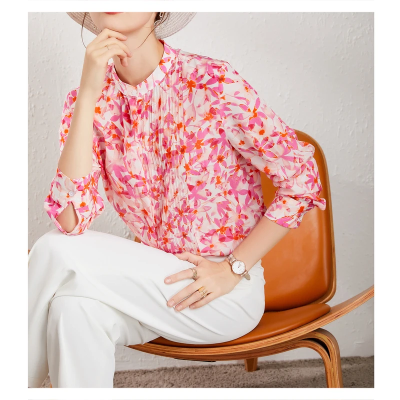 

Pink Floral Silk Printed Long Sleeve Shirt Women's Design Sense of Minority Pleated Mulberry Silk Top 2021 Office Women's New