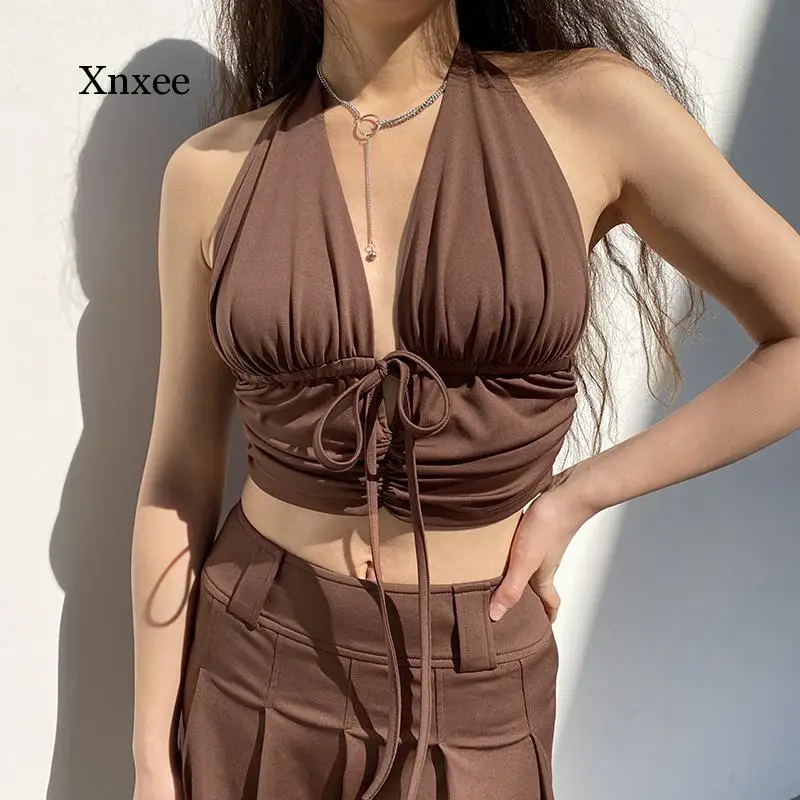 

Coffe V Neck Backless Sexy Halter Top Summer Y2K Ruched Cropped Milkmaid Tops Tees Tie Up Fashion Tank Top 90S Streetwear Dress