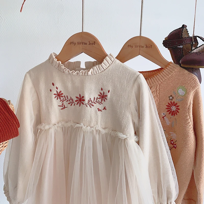 Винтажные Детские платья с цветочной вышивкой и длинными рукавами для девочек